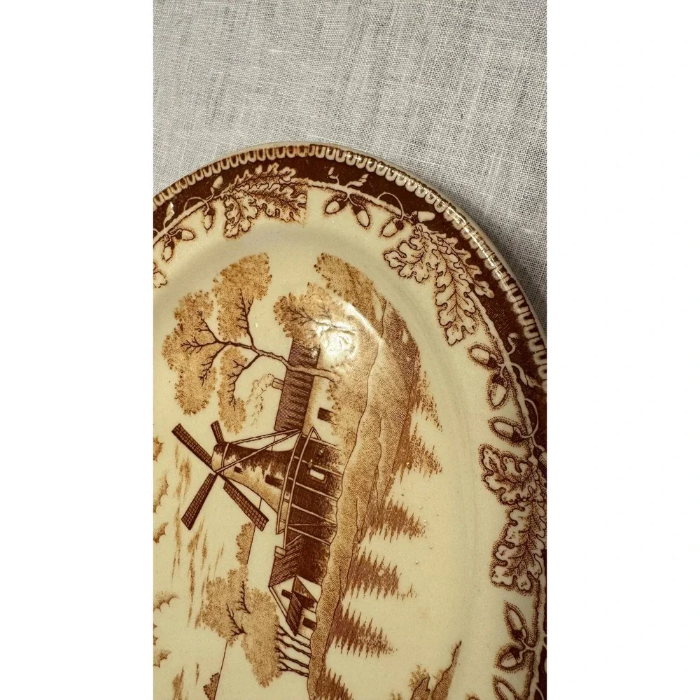 Vintage Small Transferware Platter Plate Windmill, And Sailboat Motif